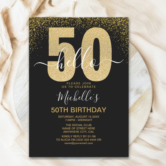Hello 50! modern 50th birthday with gold glitter invitation (Creator Uploaded)