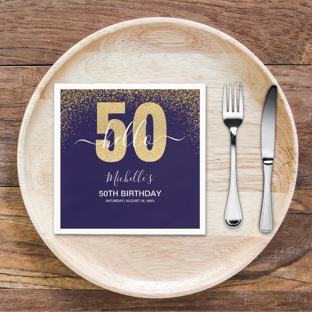 Hello 50! - Modern 50th Birthday with Gold glitter Napkin (Creator Uploaded)