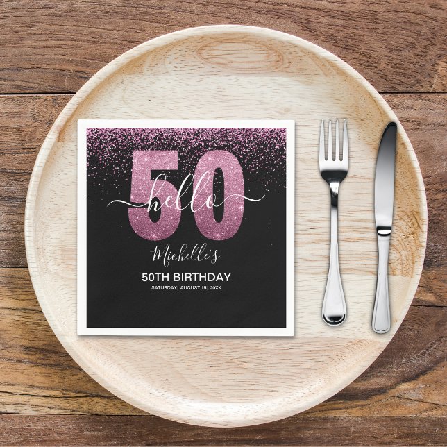 Hello 50! - Modern 50th Birthday with Pink glitter Napkin (Creator Uploaded)