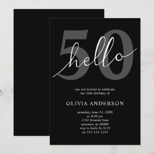 Hello 50   Modern Chic Black 50th Birthday Party Invitation