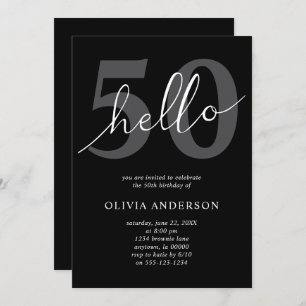 Hello 50   Modern Chic Black 50th Birthday Party Invitation