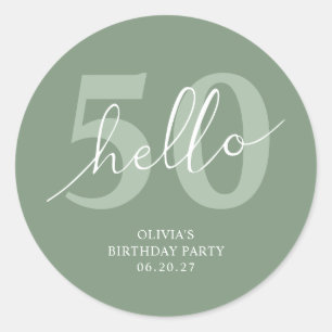 Hello 50 Modern Sage Green 50th Birthday Classic Round Sticker