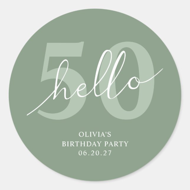 Hello 50 | Modern Sage Green 50th Birthday Classic Round Sticker (Front)