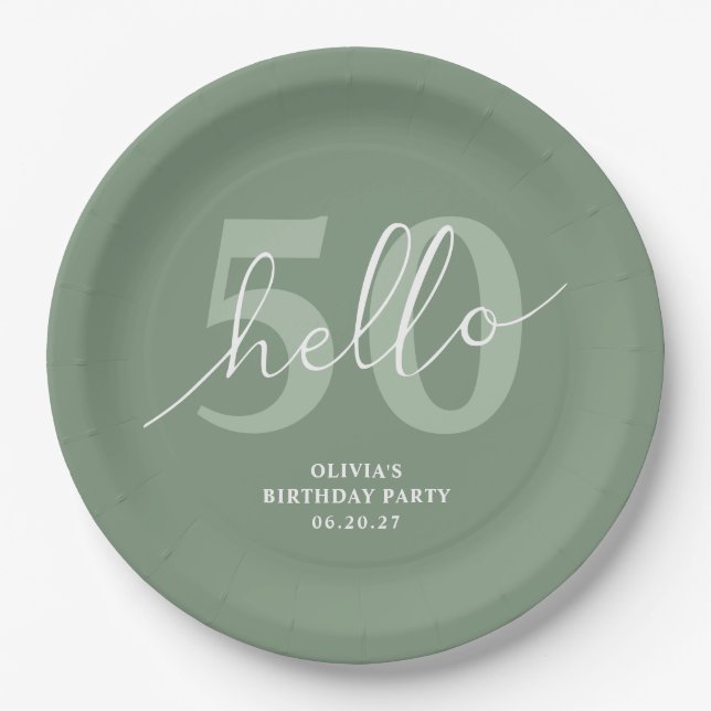 Hello 50 | Modern Simple Sage Green 50th Birthday Paper Plate (Front)