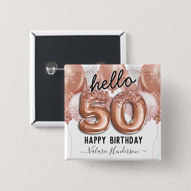 Hello 50 Pink Glitter Birthday Balloons 15 Cm Square Badge (Front & Back)