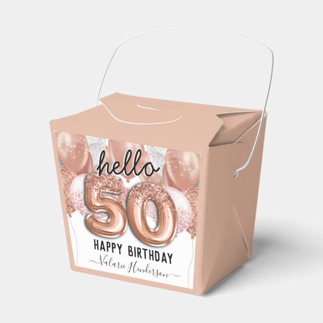 Hello 50 Pink Glitter Birthday Balloons Favour Box (Front Side)