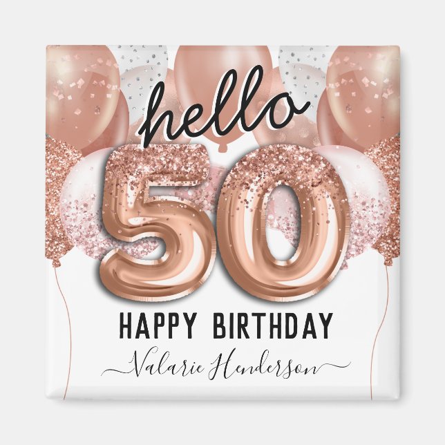 Hello 50 Pink Glitter Birthday Balloons Magnet (Front)