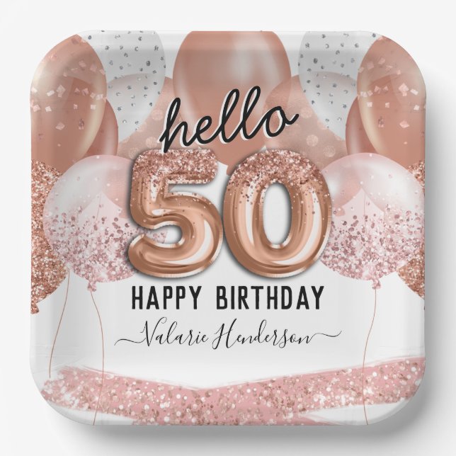 Hello 50 Pink Glitter Birthday Balloons Paper Plate (Front)