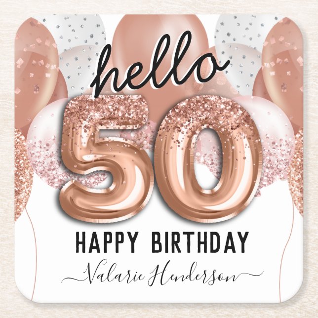 Hello 50 Pink Glitter Birthday Balloons Square Paper Coaster (Front)