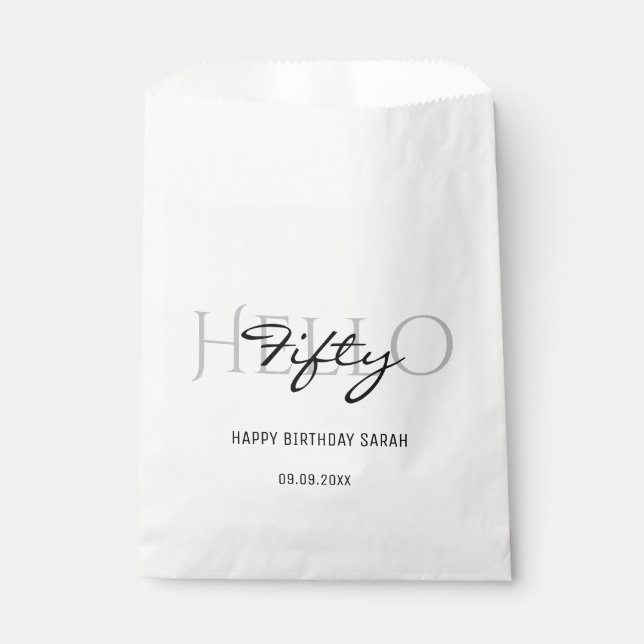 Hello 50th Birthday Elegant White Calligraphy Favour Bags (Front)