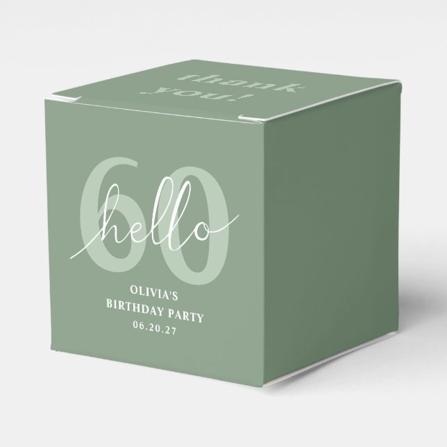 Hello 60 Modern Simple Sage Green 60th Birthday Favour Box (Front Side)