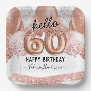 Hello 60 Pink Glitter Birthday Balloons Paper Plat Paper Plate