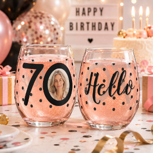 Hello 70 Black & White Dots Custom Photo Birthday Stemless Wine Glass