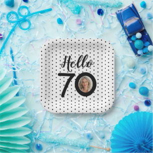 Hello 70 Black & White Dots Photo Birthday Paper Plate