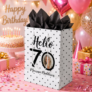 Hello 70 Black & White Dots Photo & Name Birthday Medium Gift Bag