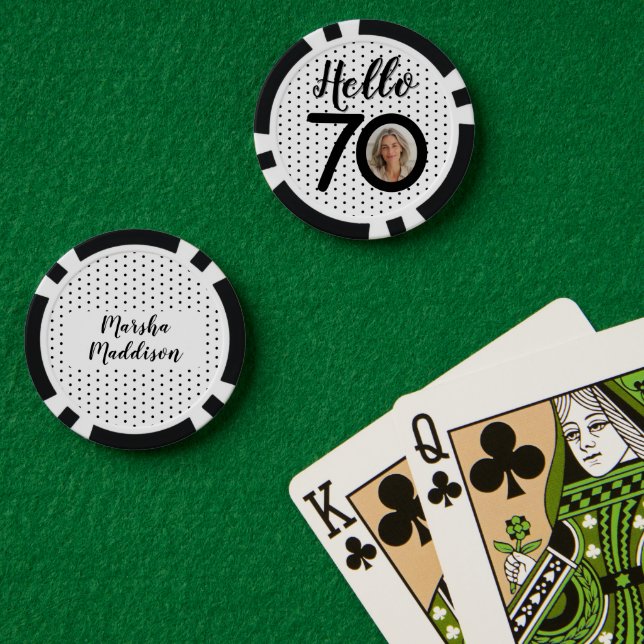 Hello 70 Black & White Dots Photo & Name Birthday Poker Chips (Poker Table (Double))