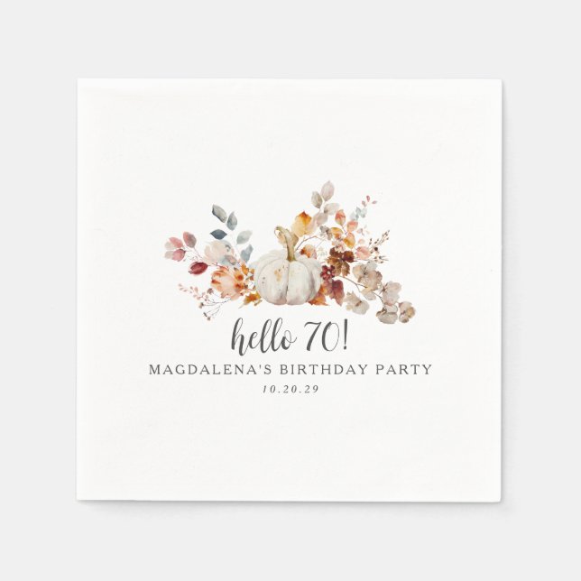 Hello 70 Fall Pumpkin Leaves Custom Birthday Napkin (Front)