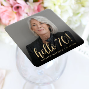 Hello 70 Seventieth Birthday Party Photo Square Paper Coaster