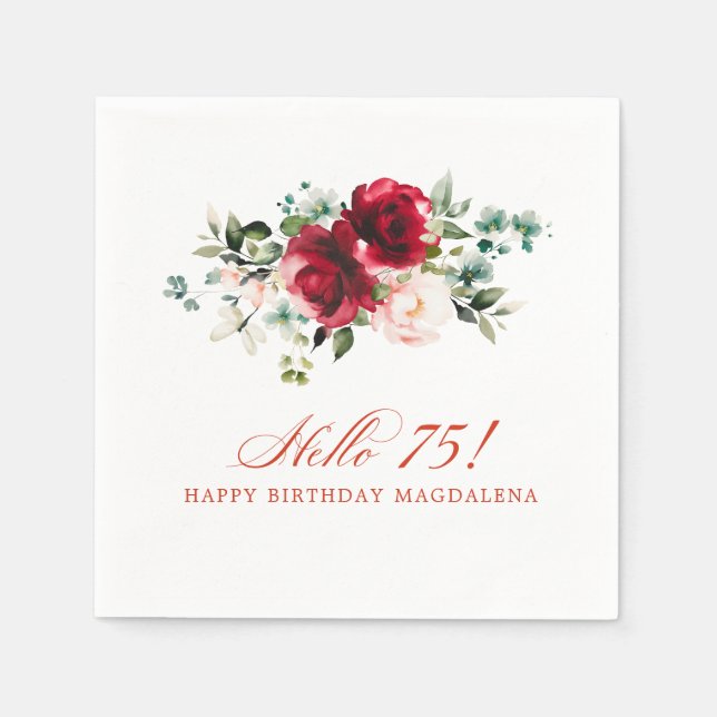Hello 75 Birthday Party Red Pink Floral Napkin (Front)