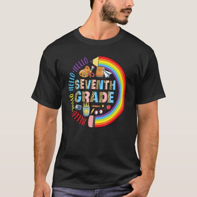 Hello 7th Grade Leopard Back To School Pencil Rain T-Shirt (Front)