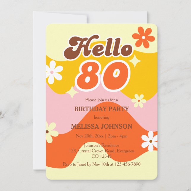 Hello 80 Retro Wave Groovy Flower Birthday  Invitation (Front)