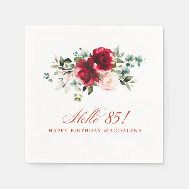 Hello 85 Birthday Party Red Pink Floral Napkin (Front)