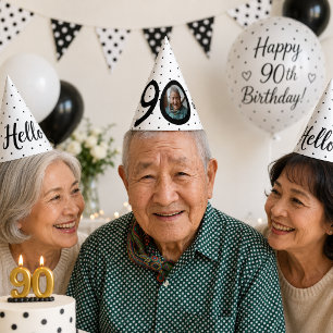 Hello 90 Black & White Dots Photo & Name Birthday Party Hat