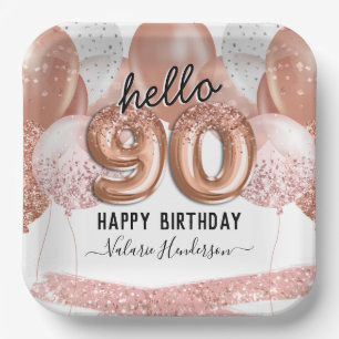 Hello 90 Pink Glitter Birthday Balloons Paper Plat Paper Plate