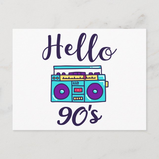Hello 90s radio cassette recorder postcard (Front)