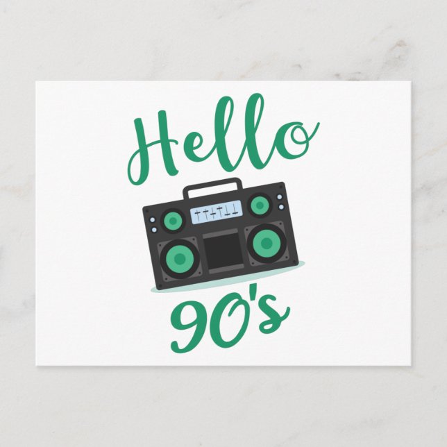 Hello 90s radio cassette recorder postcard (Front)