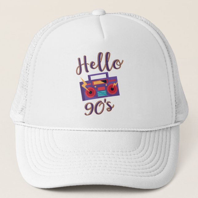 Hello 90s radio cassette recorder trucker hat (Front)