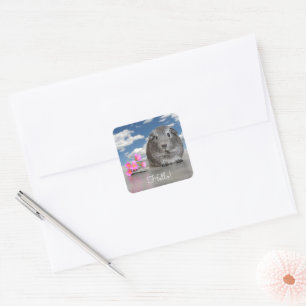 Hello Adorable Grey Guinea Pig Pink Flowers Sky Square Sticker