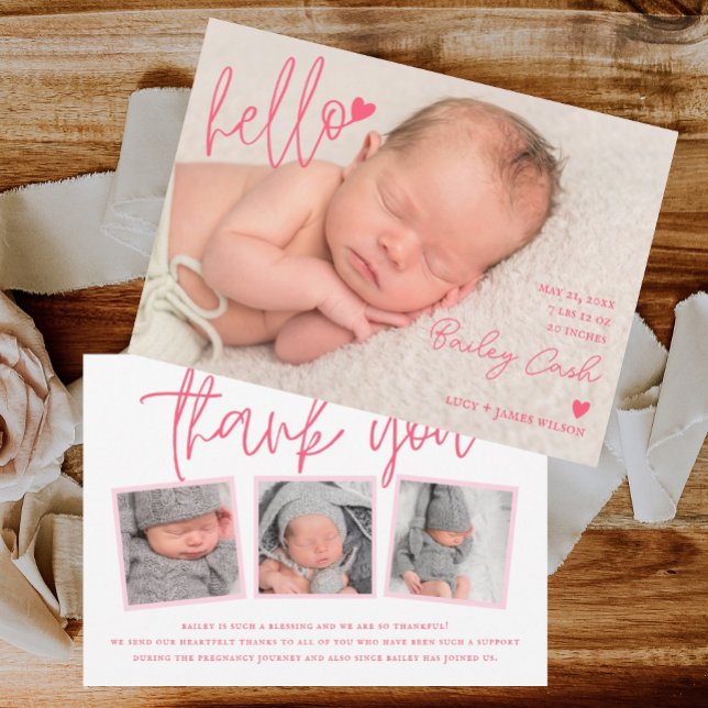 Hello and Thank You Pink Birth Announcement (birth announcement, baby announcement, pink, overlay, template, thank you, hello, heart, download)