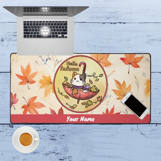 Hello Autumn, Cute Cat Sits in Umbrella  Desk Mat (Creator Uploaded)
