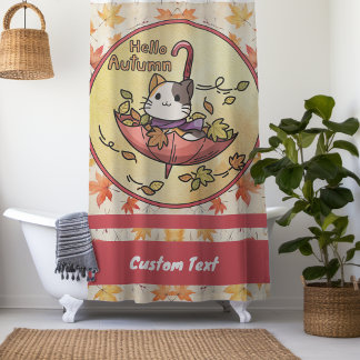 Hello Autumn, Cute Cat Sits in Umbrella  Shower Curtain