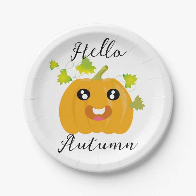 Hello Autumn - Cute Halloween Pumpkin Paper Plate (Front)
