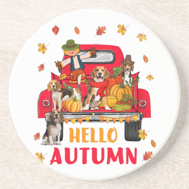 Hello Autumn Fall Beagle Dog Thanksgiving Pumpkin Coaster (Front)
