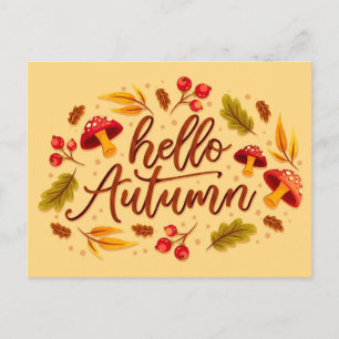 Hello Autumn Fall Mushroom Autumn Colour Leaves Postcard