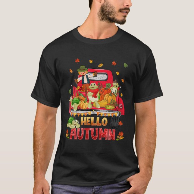 Hello Autumn Fall Turtle Thanksgiving Pumpkin Mapl T-Shirt (Front)