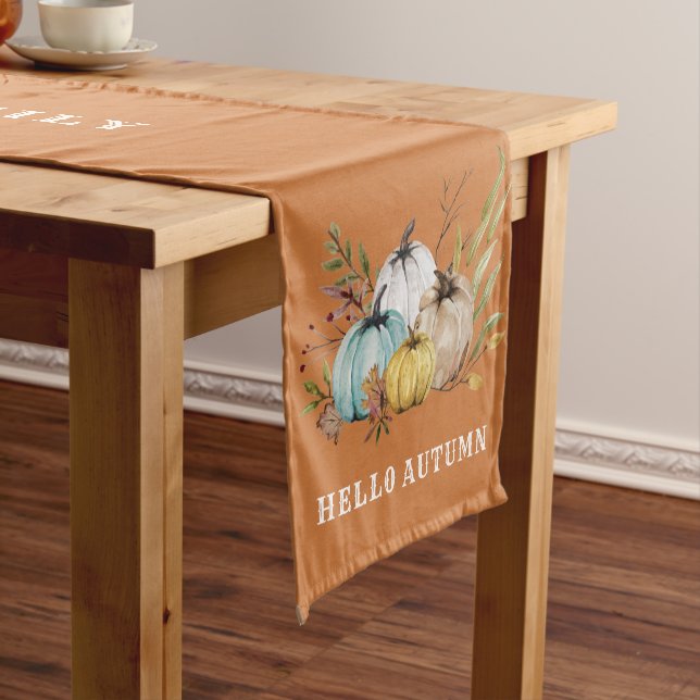 Hello Autumn Family Name Pumpkins Rust Orange  Short Table Runner (In Situ)