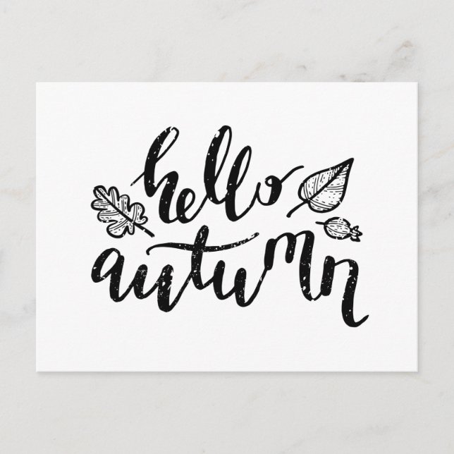 Hello Autumn Leaves Black and White Calligraphy Holiday Postcard (Front)
