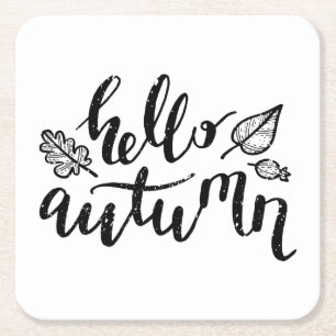 Hello Autumn Leaves Black and White Calligraphy Square Paper Coaster