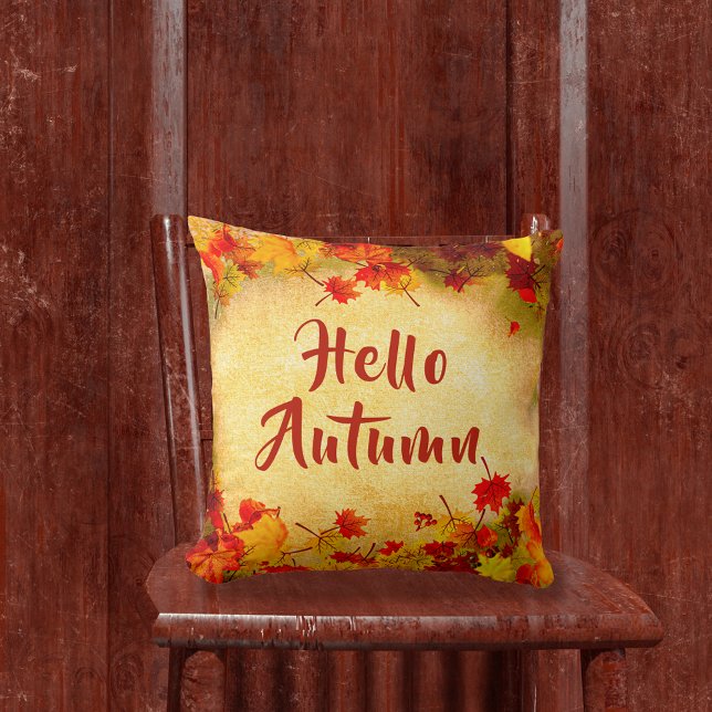 Hello Autumn Leaves on Old Paper Background  Cushion (Creator Uploaded)