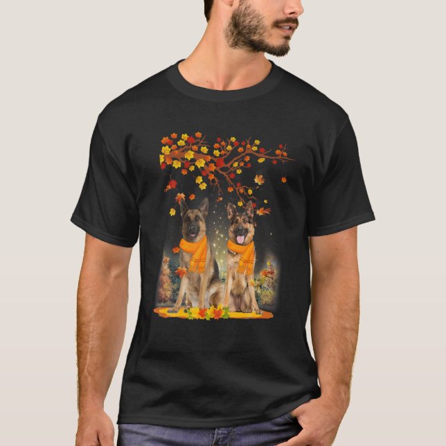 Hello Autumn Maple German Shepherd Leaf Fall Funny T-Shirt (Front)