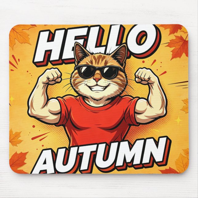 Hello Autumn Muscle Cat Funny Fall Season Mouse Pa Pad (Front)