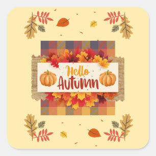 Hello Autumn Plaid Leaves  Square Sticker