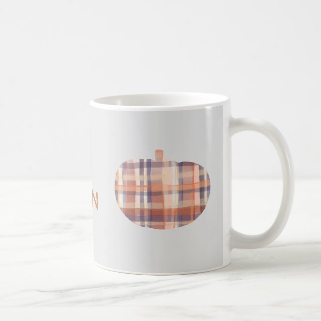 Hello autumn pumpkin plaid terracotta cream purple coffee mug (Right)