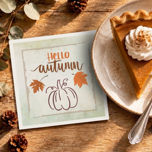 Hello Autumn Pumpkin Rustic Fall Foliage Paper Napkin (Creator Uploaded)