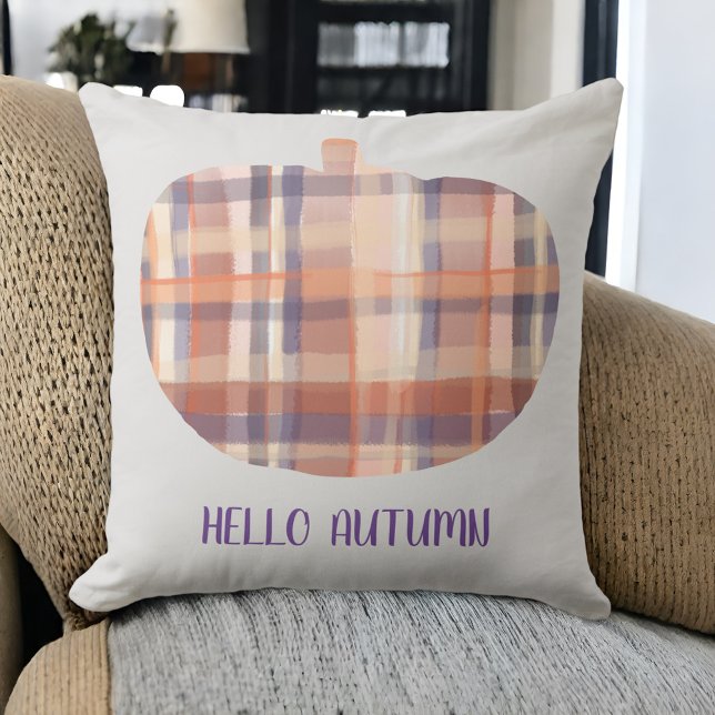 Hello autumn pumpkin tartan watercolor grey orange cushion (Creator Uploaded)
