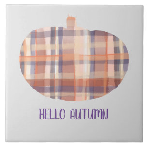Hello autumn pumpkin tartan watercolor grey orange tile